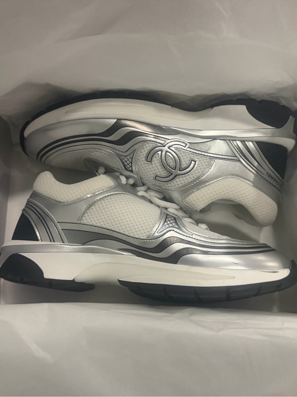 CHANEL Silver & White Logo Runner Sneakers